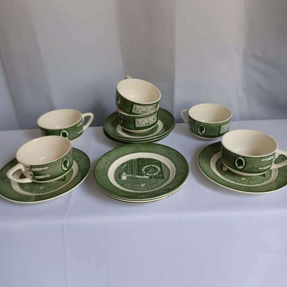 Tea set Colonial homestead green/ by Royal 6 cups, 6 plates , three small plates - Picture 11 of 11